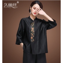 中式女装真丝香云纱开衫七分袖上衣夏季中老年妈妈装龟纹莨绸衬衫